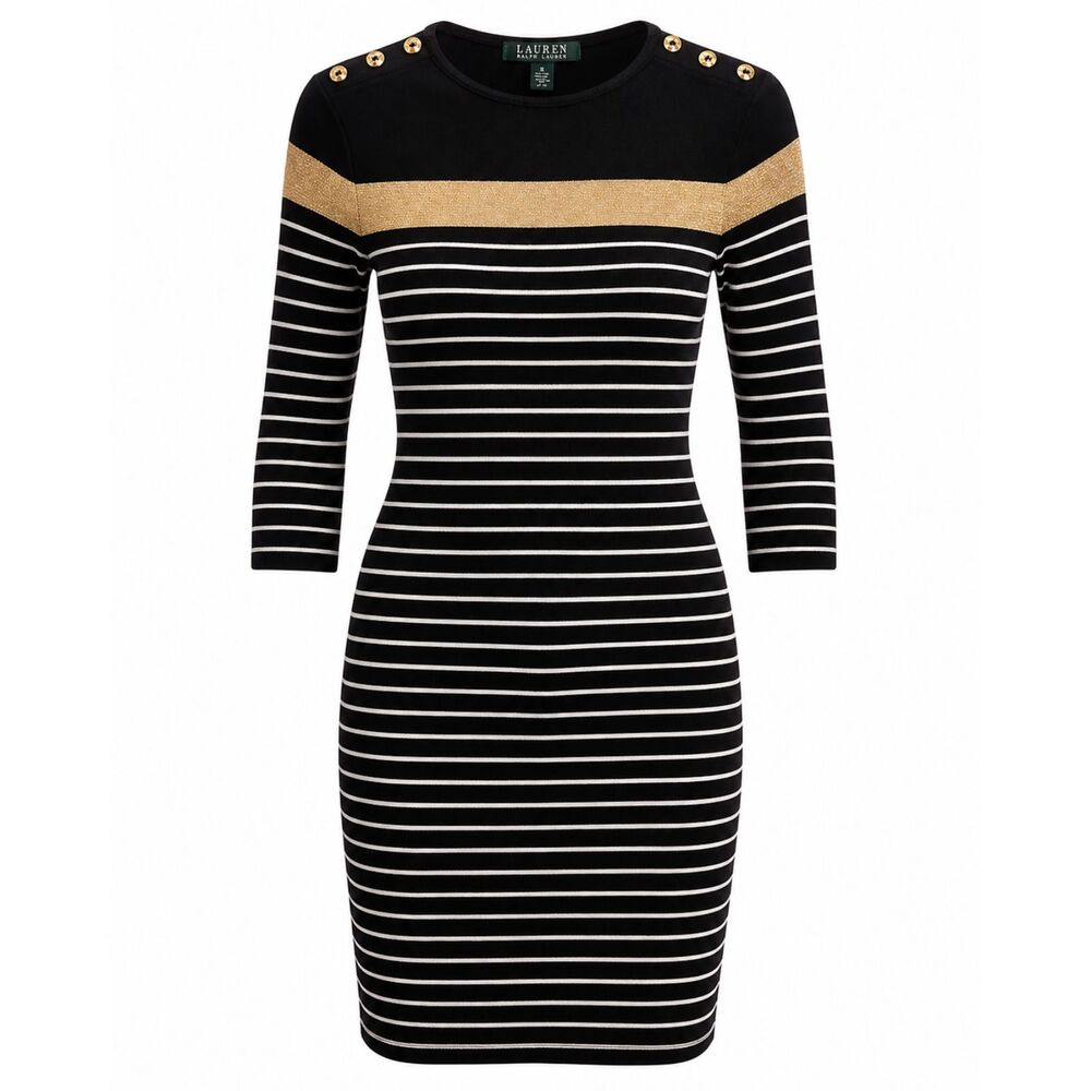 Lauren Ralph Lauren Striped Knit Dress Gold Accent Shoulder Buttons Size Small